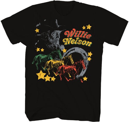 Willie Nelson - Multi Color Horse T-Shirt - Black - Adult Shirt