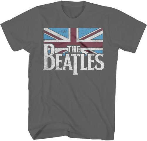 Beatles - Distressed Union Jack Flag T-Shirt - Charcoal - Adult Shirt